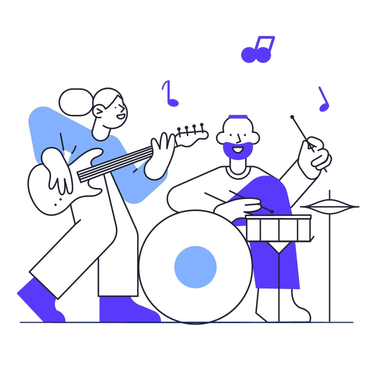 Two musicians playing guitar and drums - Pablita style illustration
