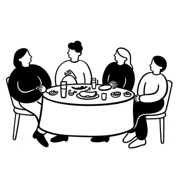 A family gathered around a dinner table filled with various dishes and plates. The table is adorned with a tablecloth, and there are glasses of water and cutlery placed neatly at each setting. Family members of different ages are engaged in animated conversation, some leaning towards each other while others gesture expressively with their hands. The background features simple wooden furniture and a warm ambiance, emphasizing the closeness of the gathering. The scene encapsulates a moment of joy and togetherness, with food and shared experiences at the center.