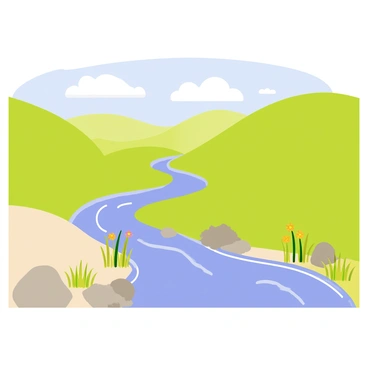 A small tributary with clear blue water is flowing gently through a lush green valley. The tributary has smooth stones lining its banks, and vibrant green grass grows alongside. As it merges with a larger river, the waters of the tributary swirl gracefully into the wider, deeper channel. The larger river has a sandy bank with patches of colorful wildflowers adding splashes of yellow and purple. In the background, gentle hills rise under a bright blue sky dotted with fluffy white clouds.