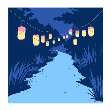 A nighttime path is illuminated by numerous glowing paper lanterns that sway gently in the breeze. The lanterns are suspended from thin strings, casting warm light on the surrounding greenery. On either side of the path, tall grass and small bushes softly rustle, creating a serene atmosphere. The ground is lined with soft gravel, leading the way through the dark landscape. Dim shadows dance along the edges of the path, enhancing the evening setting.