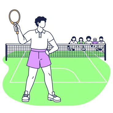 A tennis player is standing on a grass court, wearing a classic 1970s outfit. The player has a short-sleeved white polo shirt, paired with high-waisted shorts. They are holding a wooden tennis racket in their right hand, and their left hand is raised in a ready position. The player has a determined expression, with short curly hair. The grass court is lined with white chalk markings, and a net stretches across the background. Spectators can be seen sitting in the stands, watching the match intently.