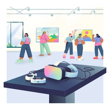 A virtual reality headset is placed on a sleek black table in the foreground. Surrounding the headset are various controllers and organized cables, creating a modern technological display. In the background, a spacious gallery room is visible, featuring white walls adorned with colorful digital art pieces. Some artwork appears to be projected on screens, showcasing vibrant landscapes of New Zealand. To the left, a large window lets in natural light, illuminating the space and casting subtle shadows. Visitors can be seen interacting with the VR setup, immersed in the digital exhibition experience.