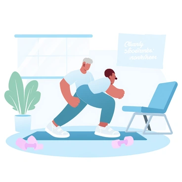 An elderly person is performing gentle squats in a sunlit room designed for fitness activities. The individual is wearing a comfortable and loose-fitting workout outfit, featuring pastel colors that complement the tranquil atmosphere. Surrounding the person are various fitness props, such as a yoga mat, light weights, and a sturdy chair. The background includes soft-colored walls with motivational quotes subtly displayed. A potted plant is positioned nearby, adding a touch of greenery to the scene.