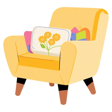 A cozy chair with soft fabric upholstery in warm tones. On this chair rests a plush pillow featuring intricate embroidery of bright orange calendula flowers. The pillow has a rectangular shape and is surrounded by a few small, colorful throw pillows. The chair is set in a well-lit corner of the room, inviting relaxation and comfort.