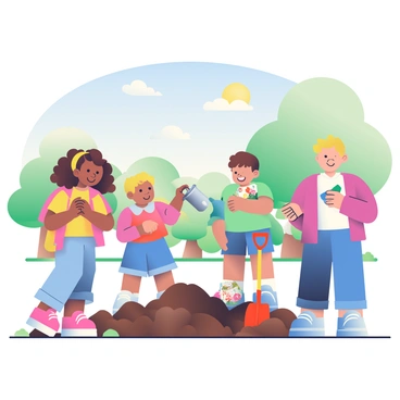 A group of five children, two girls and three boys, are in a park burying a time capsule. One girl with curly brown hair is holding a small, shiny silver capsule, while a boy with blond hair is digging a hole in the dirt with a bright red shovel. The other children are gathered around, excitedly showing each other the mementos that will go inside the capsule. These items include a colorful drawing, a toy dinosaur, and a small baseball. In the background, there are green trees and a blue sky with fluffy white clouds. The sun is shining brightly, casting soft shadows on the ground.