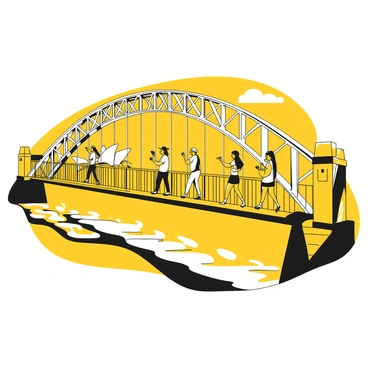 A group of tourists walking across the Sydney Harbour Bridge. Each tourist is holding a camera, capturing the view. The bridge is adorned with its distinctive steel arch structure. In the background, the iconic Sydney Opera House can be seen, along with a clear view of the Sydney skyline. The tourists are wearing casual clothing and hats, with some smiling and pointing towards the scenery. The sun is shining brightly, creating a lively atmosphere.