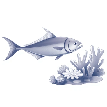 A mahi-mahi fish is swimming gracefully through the water. Its elongated body is streamlined, with distinct shapes and patterns on its surface. The fish displays its powerful fins as it glides effortlessly. Nearby, a coral reef is visible, featuring various shapes and textures. The coral has numerous structures that create a vibrant underwater landscape, with a mix of intricate formations surrounding the swimming fish. The scene captures the dynamic interaction between the mahi-mahi and the coral environment.