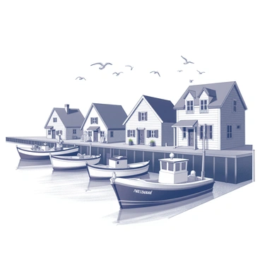 A charming seaside village with several quaint houses located along the docks. Each house features unique architectural details, such as gabled roofs and wooden balconies. In the foreground, several fishing boats are moored near the water's edge, bobbing gently with the movement of the waves. The boats vary in size, with some displaying fishing nets and equipment. The scene is filled with a sense of coastal life, where villagers are seen engaging in daily activities, such as unloading catches or repairing gear. The sky above is dotted with seagulls in flight, adding to the lively atmosphere of this picturesque setting.