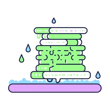 A stack of plates is arranged vertically, resembling a plate heat exchanger. Each plate is rectangular with a smooth surface and intricate patterns etched into them. Water is visibly dripping off the edges of the plates, creating small droplets that fall towards the surface below. The background features a simple, neutral surface to emphasize the plates and the water.