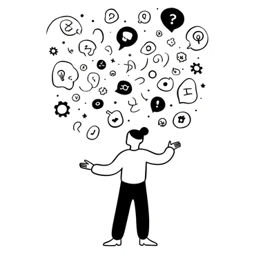 A person with an outstretched hand, standing in a thoughtful pose. Surrounding them are numerous floating bubbles of various sizes, each bubble containing a distinct image or symbol representing random thoughts, such as a light bulb for ideas, a question mark for inquiries, and gears for plans. The bubbles are arranged in a way that they create a dynamic, swirling effect around the person, emphasizing the multitude of thoughts. The background is simple, allowing the focus to remain on the person and the floating bubbles.