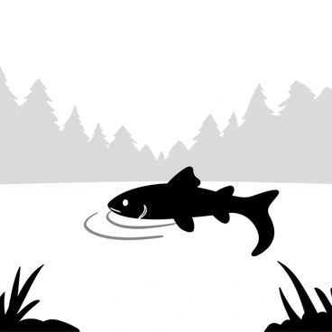 A silhouette of a large catfish swimming just below the surface of a lake, surrounded by a thick layer of fog that blankets the water. The lake's surface is calm, with ripples emanating from the catfish's movements. In the background, ghostly outlines of trees emerge from the mist, creating an eerie atmosphere. The overall scene is monochromatic, enhancing the mysterious presence of the catfish against the foggy backdrop.