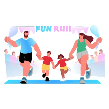 A family consisting of four members is crossing the finish line of a fun run, holding hands. The adult male on the left is wearing a blue T-shirt and black shorts, while the adult female on the right is dressed in a green tank top and grey shorts. Two children, a boy and a girl, are in the center, both wearing matching red T-shirts and yellow shorts. Colorful banners frame the finish line, and a crowd of spectators is cheering in the background. The scene is filled with vibrant energy and a festive atmosphere.