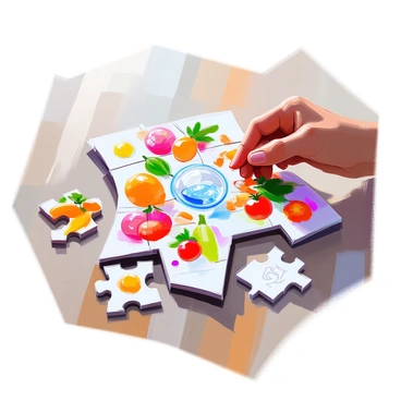 A jigsaw puzzle with vibrant, interlocking pieces is being assembled on a wooden table. Each piece features colorful illustrations representing different elements of metabolism, such as fruits, vegetables, water, and energy symbols. The pieces are scattered around, with several already joined together, forming a cohesive image in the center that depicts a balanced and dynamic metabolic process. There is a soft light illuminating the scene, enhancing the colors of the puzzle pieces.