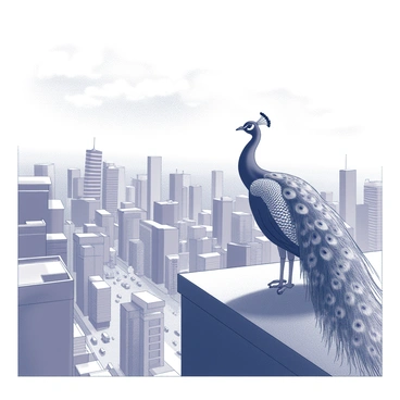 A paon perched on a rooftop overlooking a bustling cityscape