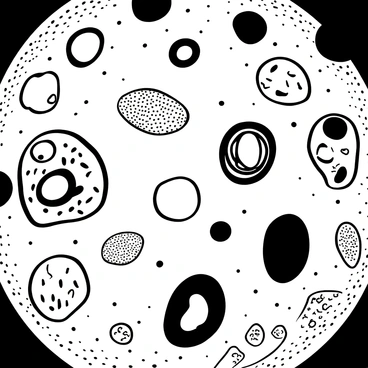 A close-up view of a human cell sample under a microscope, featuring a diverse array of cell types including red blood cells, white blood cells, and epithelial cells. The cells are distinct in shape and size, showcasing their unique structures. The red blood cells are biconcave and disc-shaped, while the white blood cells display varying forms such as spherical and irregular shapes. The background is filled with a textured microscopic grid, enhancing the focus on the intricate details of each cell's membrane and internal components.