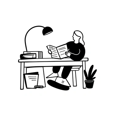 A person with a book opened in front of them, reading a highlighted copy of the constitution. The wooden desk is polished, with visible grain patterns. A desk lamp with a curved neck provides focused light on the pages of the book. Surrounding the desk, there are stacks of papers and a closed notebook. A pen lies next to the notebook, and a small potted plant is placed at the corner of the desk.