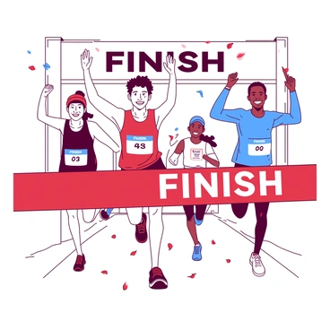 A group of runners in bright athletic gear is crossing a marathon finish line. Their facial expressions are filled with "victory" and "joy." The runners are diverse in appearance, with one runner in a red outfit raising their arms triumphantly, while another in blue has a wide smile. Behind them, a banner reads "FINISH" in bold letters. The scene captures the excitement of the moment, with confetti falling from the sky to celebrate their achievement.