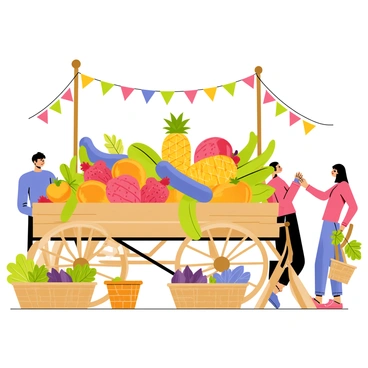 A bustling market stall with a cart full of exotic fruits and vegetables
