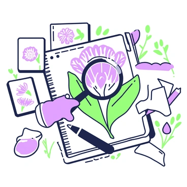 A close-up of a botanist intensely focused on examining a rare flower through a magnifying glass. The botanist is wearing a white lab coat, with a notepad and a pencil in hand. Scattered around are several notes with sketches of different flowers, highlighting their features. The rare flower is vibrant and intricate, positioned prominently in the center of the image, while the magnifying glass is revealing fine details of its petals. In the background, there are hints of additional botanical specimens arranged neatly.