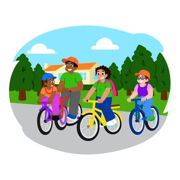 A group of four children riding bicycles together on a sunny day. One child, a girl with long brown hair, has a bright blue helmet and is riding a red bicycle. Another child, a boy with curly black hair, is wearing a green t-shirt and pedaling a yellow bicycle. A third child, a girl with braided pigtails, is on a purple bicycle and sports a pink backpack. The last child, a boy with glasses, is riding a blue bicycle while wearing an orange cap. They are smiling and laughing, with trees lining the road and a school building visible in the distance.