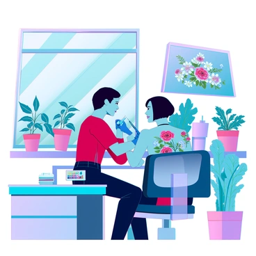 An artist with short black hair is focused on creating a large floral tattoo on a client's back. The client has light brown skin and is sitting on a tattoo chair, surrounded by various tattoo supplies and a clean, organized workspace. Sunlight streams through a large window, illuminating the intricate details of the tattoo design, which features vibrant flowers like roses and daisies. The artist is using a tattoo machine, with a gentle expression and concentration evident on their face. The studio is filled with plants and art, adding a lively atmosphere to the scene. A palette of ink colors is visible, showcasing the range of hues intended for the tattoo.