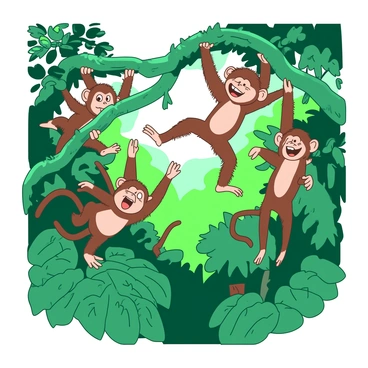 A vibrant scene features a group of playful monkeys swinging energetically from thick green vines in a dense jungle. The monkeys are various shades of brown, with some having lighter fur, while others display darker hues. They are in mid-motion, leaping from one vine to another, with some hanging upside down, showcasing their agility. The background is filled with lush green foliage and tropical plants, with sunlight filtering through the dense canopy, creating dappled patterns on the ground.