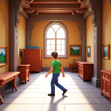 A 3D human figure walking through a historic castle. The figure is dressed in modern clothing, looking around with curiosity. The background features grand halls with high ceilings and ornate architectural details. Vintage artifacts such as antique furniture, old paintings, and decorative tapestries adorn the walls. Light filters through large windows, casting shadows on the stone floor.