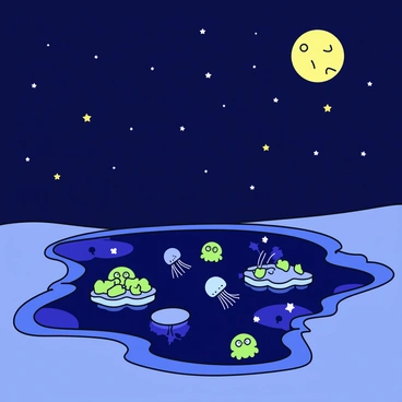 A tide pool under a night sky filled with stars. The water in the pool reflects the light of a full moon above. Various bioluminescent creatures are present, including glowing jellyfish and tiny shimmering shrimp, illuminating the dark water with soft blue and green hues. The edges of the tide pool are lined with smooth, wet rocks that glisten in the moonlight.