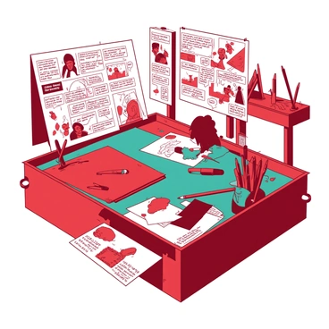 An illustration box that serves as a workshop where comic artists sketch and finalize their comic strips.