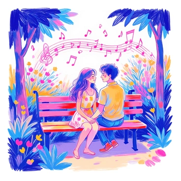 A couple is sitting on a park bench, surrounded by lush greenery and colorful flowers. The woman has long, flowing hair and is wearing a light summer dress, while the man has short hair and is dressed in a casual shirt and jeans. Musical notes are swirling around them, representing their love story. The notes are illustrated in vibrant colors, harmonizing with the scenery. The couple is smiling at each other, creating a warm atmosphere. Nearby, a gentle breeze rustles the leaves of the trees, adding to the lively scene.