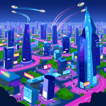 A sprawling futuristic city filled with towering skyscrapers illuminated by vibrant neon lights. The buildings feature sleek, modern designs with glass facades and various geometric shapes. Flying cars zip through the air above the streets, leaving trails of light as they navigate between the skyscrapers. The ground level is bustling with people, colorful billboards, and a mix of greenery amidst the urban landscape. Bright signs with dynamic graphics add to the lively atmosphere of the city.