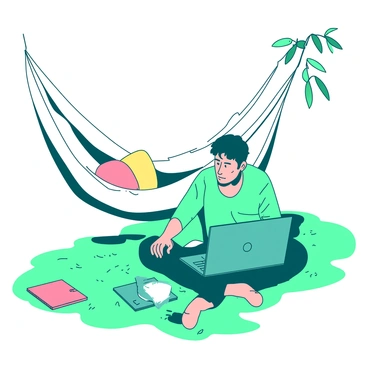 An employee is sitting on a green grassy area, with a teal laptop on one side and a white hammock hanging between two trees on the other side. The employee is wearing comfortable casual clothing and has a focused expression while looking at the laptop screen. On the ground, there is a small orange notebook and a pink coffee cup next to the laptop. The hammock is gently swaying, indicating a light breeze, and has a colorful throw pillow resting in it. The scene captures a balance between work and leisure.