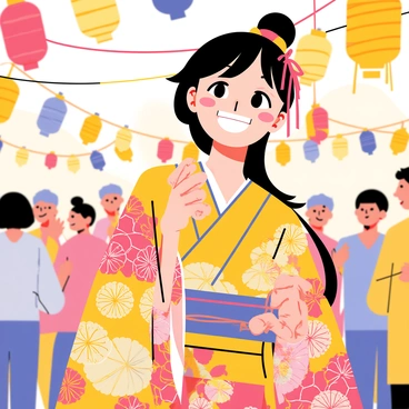 A young woman named "Kanako" is celebrating a festival. She is dressed in a vibrant kimono featuring bright colors and intricate patterns. In the background, there are colorful lanterns hanging, illuminating the scene with warm hues. Kanako is smiling joyfully, surrounded by festive decorations. The atmosphere is lively, with small groups of people enjoying the festivities around her.