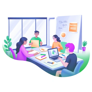 A modern pastel illustration depicting a group of illustrators gathered around a large, rectangular table in a contemporary office setting in London. The table is covered with sketchbooks, colorful markers, and a laptop displaying design software. Each illustrator has a unique appearance, with one having glasses and another sporting vibrant hair. Large windows allow natural light to flood the room, illuminating motivational posters on the walls. A whiteboard filled with sketches and ideas stands in the background, while a potted plant adds a touch of greenery to the scene.