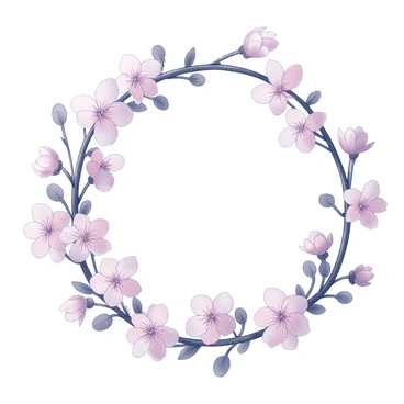 A floral wreath composed of cherry blossom branches, featuring blooming pink flowers. The wreath is embellished with delicate pastel-colored flowers, arranged symmetrically around the circular shape. The branches curve gently to form the outer edge, creating a harmonious composition of blossoms and foliage. The overall structure of the wreath appears lush and inviting, showcasing the intricate details of each flower and leaf.