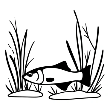A walleye partially hidden among tall underwater reeds and plants. The walleye's distinct body shape is visible as it rests near the base of the reeds. Delicate strands of aquatic plants sway gently in the water around the fish, creating a sense of depth. The tall reeds rise towards the surface, framing the scene and providing cover for the walleye.细细的水草在周围微微摆动, 形成了一个自然的栖息地。