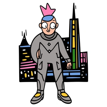 A character with light skin and big eyes stands confidently. They have a neon-colored, gravity-defying hairstyle that features bright pink and blue spikes. The character is wearing a sleek, metallic silver jumpsuit with geometric patterns. Their feet are adorned with high-tech shoes that have glowing accents. The background shows a futuristic cityscape with tall skyscrapers and neon lights.