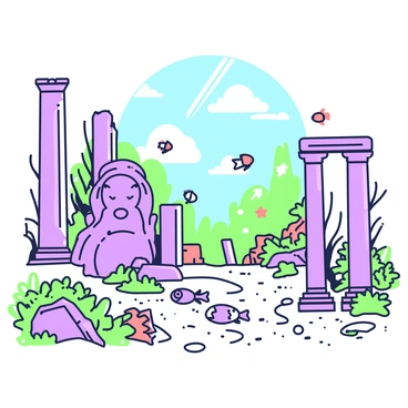 An underwater scene showcasing the ruins of a once-thriving city. The remains of ancient stone structures and columns are partially covered with coral and marine plants. Schools of colorful sea creatures, including fish and starfish, swim gracefully through the water, weaving in and out of the architectural ruins. Sunlight filters down from the surface, casting shimmering reflections on the sandy ocean floor. In the foreground, a large, intricately designed statue is nearly obscured by seaweed, while in the background, a vibrant reef teems with life.