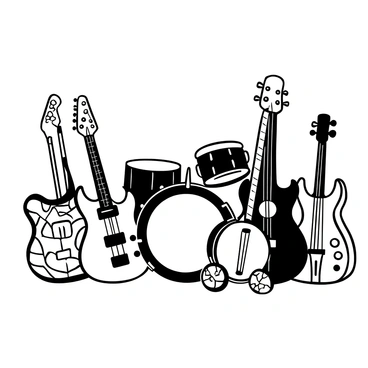 An arrangement of various musical instruments is displayed, including multiple guitars of different shapes and sizes arranged beside a set of drums. The guitars have intricate designs on their bodies, and the drums feature various patterns on their surfaces. The entire scene is rendered in detailed ink, showcasing the textures of the wood and metal. Strings are visible on the guitars, and drumsticks are placed across the drum set. The instruments are positioned artfully, creating a cohesive composition that highlights their unique features.