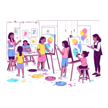 A white workshop area in an art gallery is filled with children actively creating their own colorful paintings. There are several easels set up with blank canvases, and children are holding brushes dipped in various shades of paint. Some children are standing, while others are sitting on stools, concentrating on their artwork. Paint splatters in different colors cover the floor, and vibrant palettes are placed on tables around the area. Brightly colored decorations hang from the walls, adding to the lively atmosphere. A few art instructors are guiding the children and encouraging their creativity.