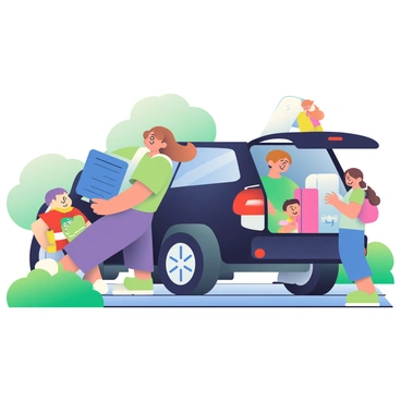 A family of four is loading luggage into the back of a black Range Rover parked on a driveway. The father, a man with short brown hair, is lifting a large blue suitcase and placing it into the trunk. The mother, a woman with long wavy hair, is organizing smaller bags beside her. Two children, a boy and a girl, both wearing colorful t-shirts, are holding backpacks and eagerly waiting to help. The driveway is bordered by lush green grass and there are trees in the background. A bright, clear sky can be seen overhead, indicating a sunny day perfect for a road trip.