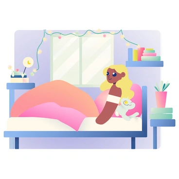 A young woman with long, flowing blonde hair and large blue eyes is lying on her bed in a cozy bedroom. She is wearing a soft, pastel pink nightgown, and her expression is serene as she dreams. The room is decorated with various plush toys, including a small white cat with a crescent moon symbol on its forehead. Above her head, a nightstand holds a glowing lamp and a stack of colorful books. The walls are painted in a soft lavender color, and fairy lights are draped around the window, creating a warm, inviting glow. A gentle breeze rustles the curtains, bringing in the scent of blooming flowers from outside.