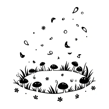 The wind gently swirling through a fairy ring, causing petals and leaves to dance around.