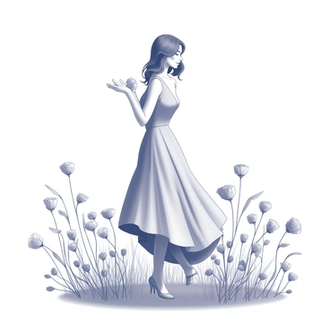 A model stands gracefully in a field filled with blooming flowers. She wears a flowing dress that drapes elegantly around her body, with the fabric capturing the gentle movement of the breeze. The flowers around her are varied, with different shapes and sizes, their petals open and vibrant. The model's hair is styled softly, flowing down her shoulders, complementing the delicate appearance of her dress. Her pose is relaxed, as she lightly touches one of the flowers with her hand, creating a sense of connection with the natural landscape.