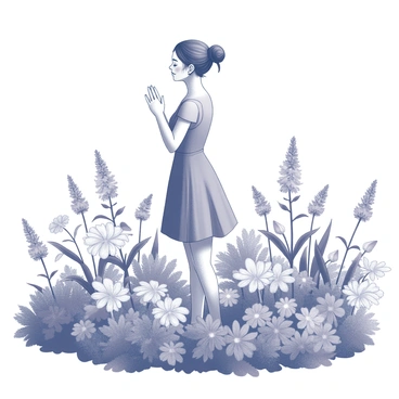 A young woman stands in a lush garden surrounded by a variety of blooming flowers. She is wearing a simple yet elegant dress, and her hair is tied back neatly. With her eyes closed and hands clasped together, she appears to be making a wish. The garden is filled with an array of flowers, each uniquely shaped and textured, creating a vibrant yet harmonious scene. Some flowers are tall and slender, while others are low and bushy, showcasing a range of sizes and forms. A gentle breeze rustles the leaves, adding a sense of life to the tranquil setting.