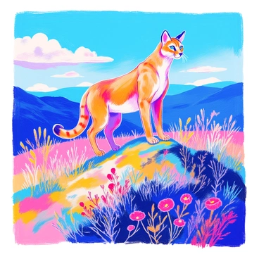 A majestic puma with a sleek tawny coat and piercing green eyes stands proudly on a hilltop. Its powerful muscles are defined as it gazes intently over its territory. The hilltop is adorned with patches of green grass and scattered wildflowers. In the background, the clear blue sky stretches endlessly, creating a vivid contrast with the puma's fur. A few fluffy white clouds drift lazily, adding depth to the scene. The sunlight bathes the landscape in a warm glow, illuminating the puma's regal stance.