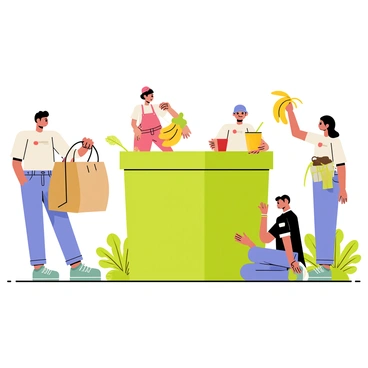 A group of four people standing around a large green compost bin. One person is lifting a brown paper bag filled with vegetable scraps and throwing it into the bin. Another person is holding a bunch of banana peels, ready to add them to the compost. A third person is holding a bucket of coffee grounds, while the fourth person is kneeling down, holding a handful of grass clippings. The scene is set in a sunny backyard with a small garden in the background.