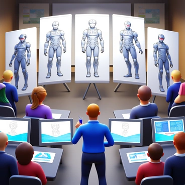 An expert illustrator stands at the front of a workshop, holding sketching tools. The workshop environment is filled with large sketch pads and digital tablets displaying various "futuristic character designs." Attendees are seated around the illustrator, attentively observing. The illustrations include characters with advanced technology integrated into their outfits and intricate armor designs. Bright lighting illuminates the workspace, highlighting the details on the character sketches on the tables and screens.