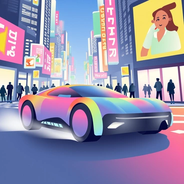 A sleek, futuristic car with a streamlined design and glowing accents is gliding smoothly down a neon-lit city street. The car's surface is metallic with iridescent colors that shift under the vibrant lights. Surrounding the vehicle are tall buildings adorned with bright neon signs in various colors, casting reflections on the car's polished exterior. The street is bustling with people in modern attire, and holographic advertisements hover in the air. A soft mist clings to the ground, adding a sense of depth to the illuminated scene.