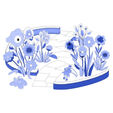 A garden with distinct sections displaying flowers that are both blooming and wilting at the same time. In one area, vibrant blossoms are fully open, showcasing petals in various shapes and sizes, surrounded by lush green leaves. Adjacent to this, another section features flowers that are drooping, with wilted petals and fading colors, contrasting with the vitality of the nearby blooms. The garden path winding through the two sections is made of stone, leading the viewer's eye through the contrasting states of life in the floral landscape. In the background, there are low hedges framing the scene, adding structure to the garden's layout.